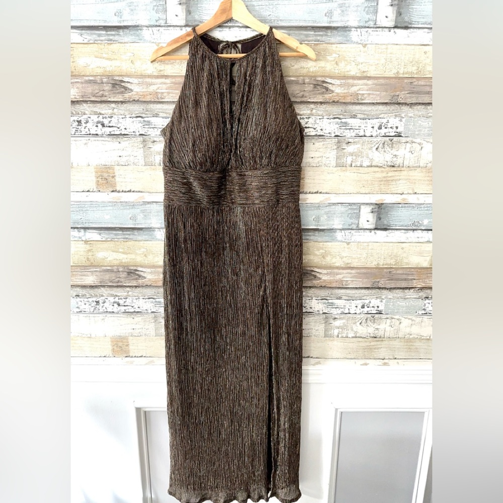 Gorgeous R&M Richards Full Length Gown/Dress Size 14W Dark Brown Overlay in Gold